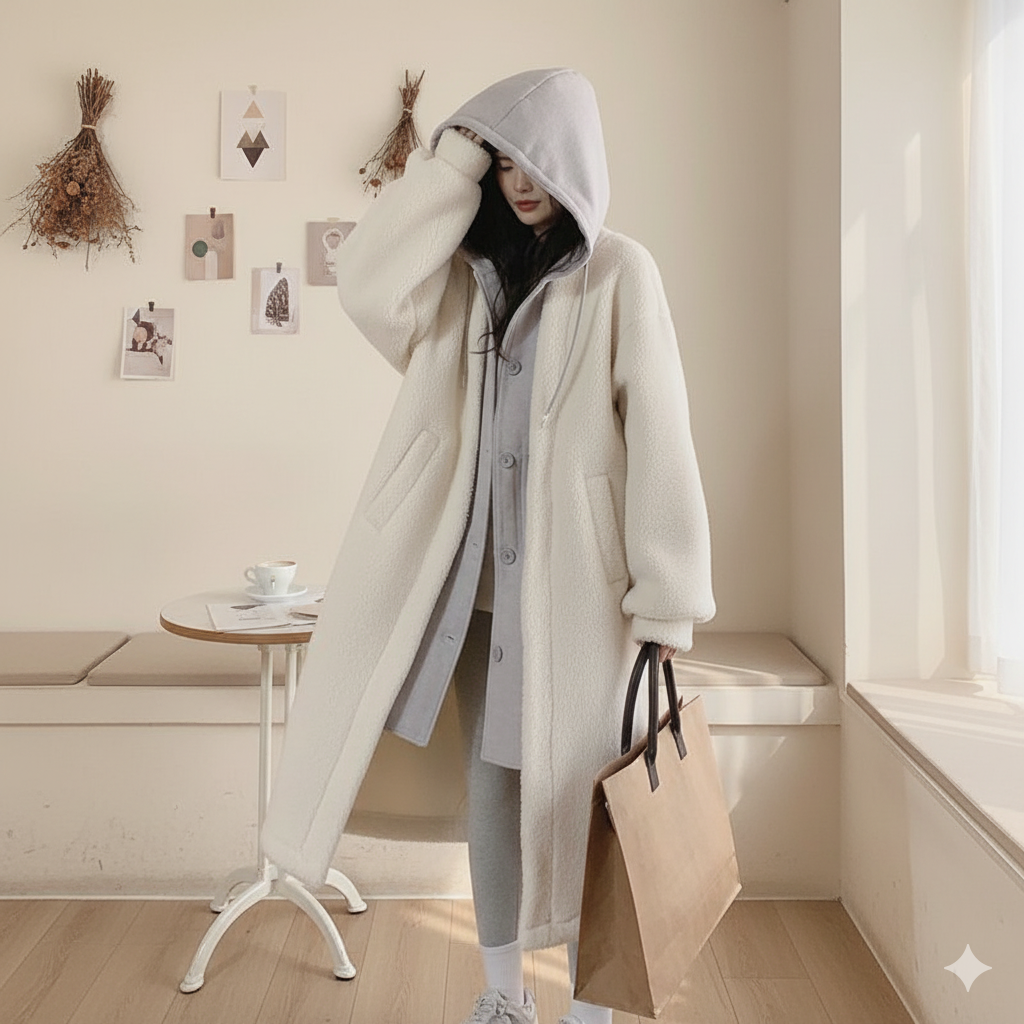 無地 シンプル ラムズウール製 フード付き コート