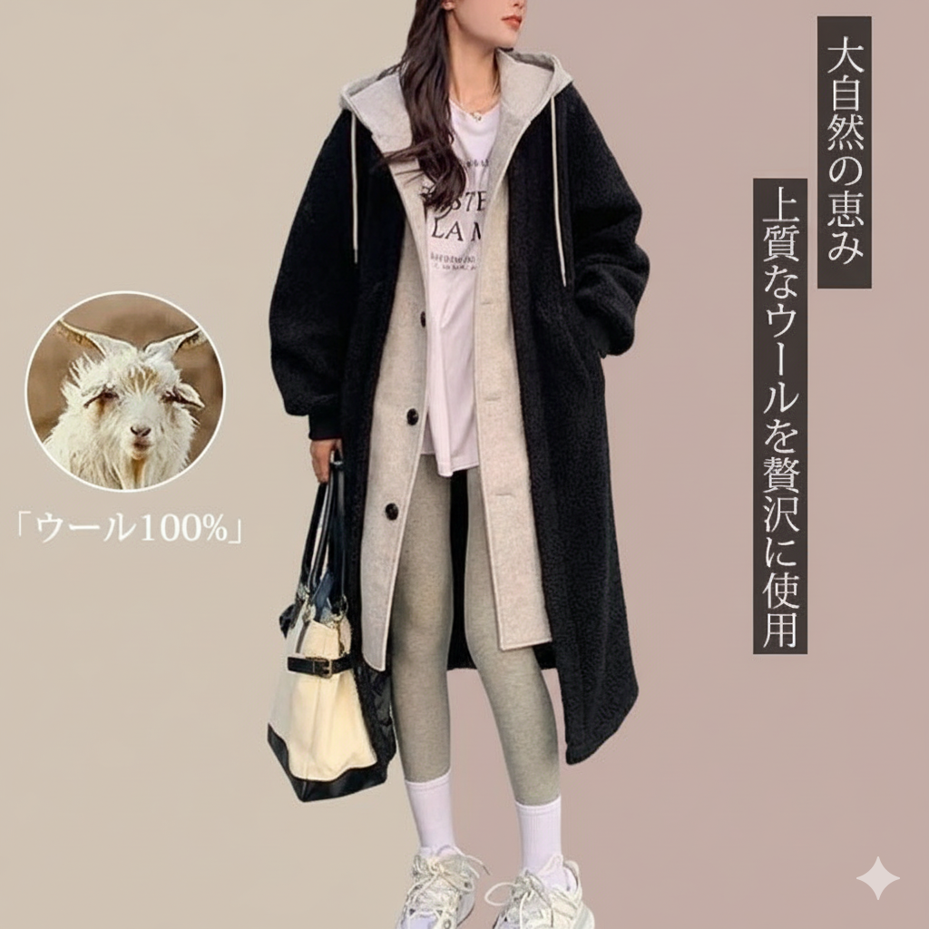 無地 シンプル ラムズウール製 フード付き コート