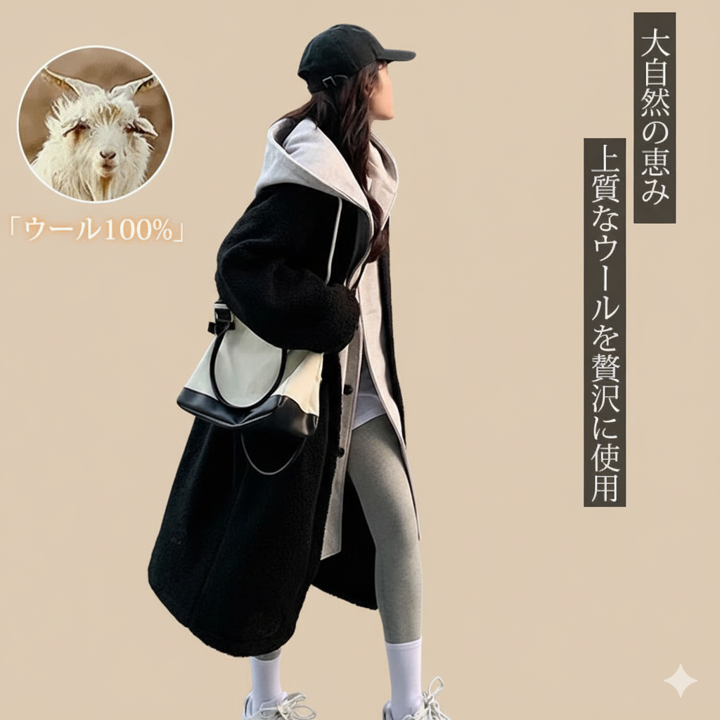 無地 シンプル ラムズウール製 フード付き コート