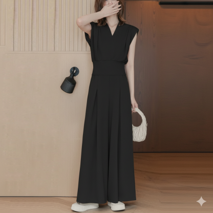 着痩せ Vネック カジュアル トップス+ワイドパンツ 上下セット