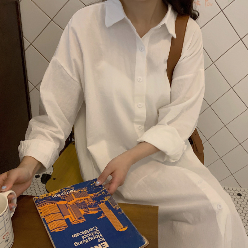 定番 無地 清新 ロング丈 綿麻 シャツ