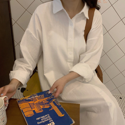 定番 無地 清新 ロング丈 綿麻 シャツ