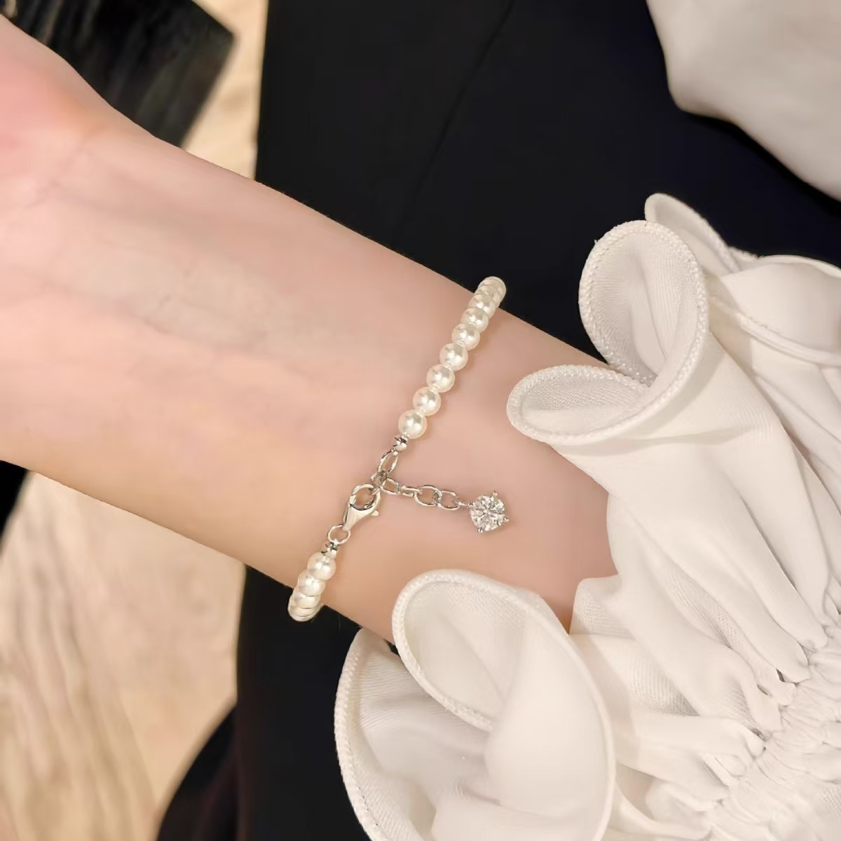 ダイヤモンド 無地 パール ブレスレット