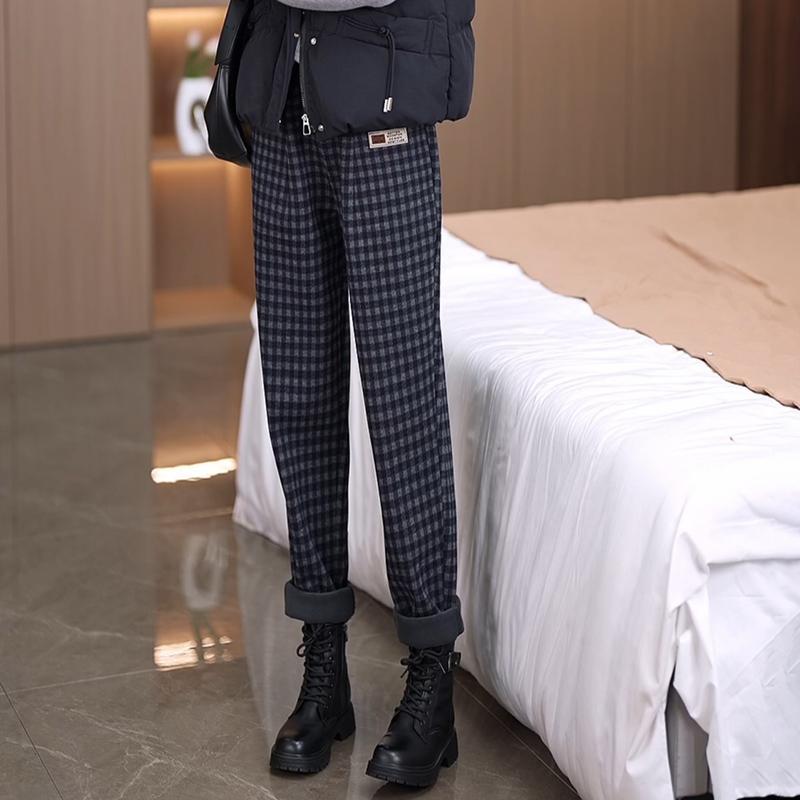 シワになりにくい ハイウエスト チェック柄 カジュアルパンツ