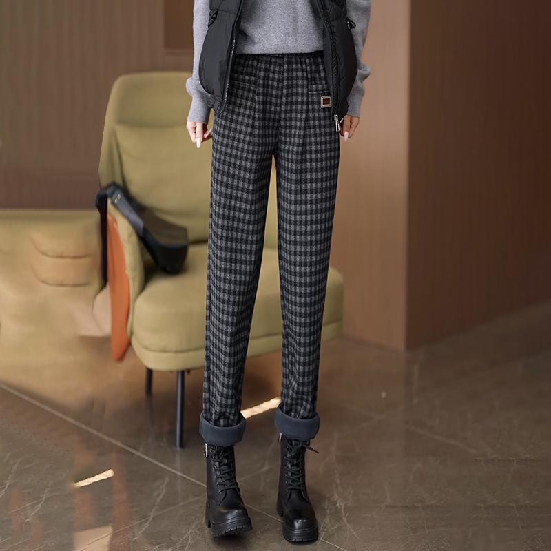 シワになりにくい ハイウエスト チェック柄 カジュアルパンツ