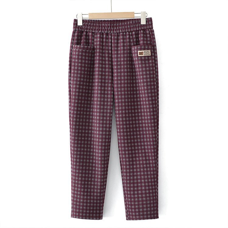 シワになりにくい ハイウエスト チェック柄 カジュアルパンツ