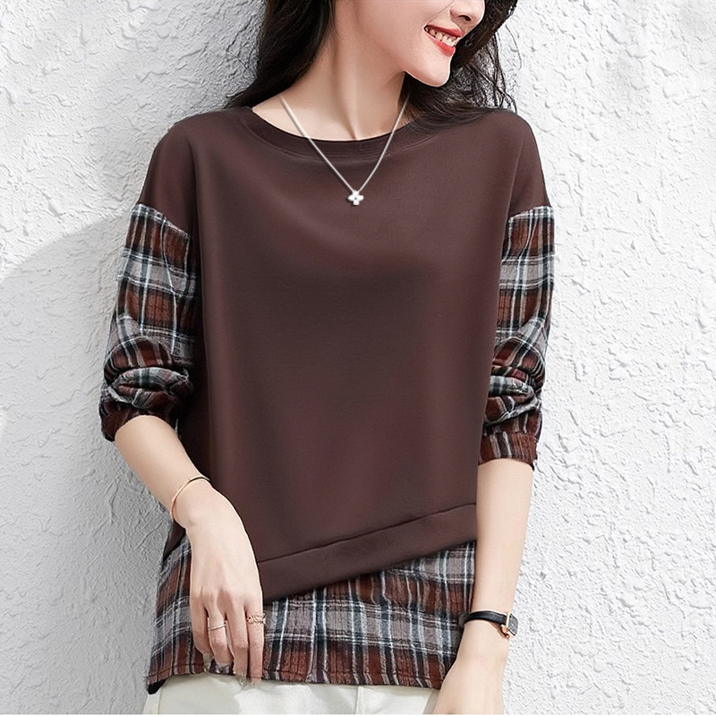 カジュアル スウェット チェック柄 ラウンドネック パーカー