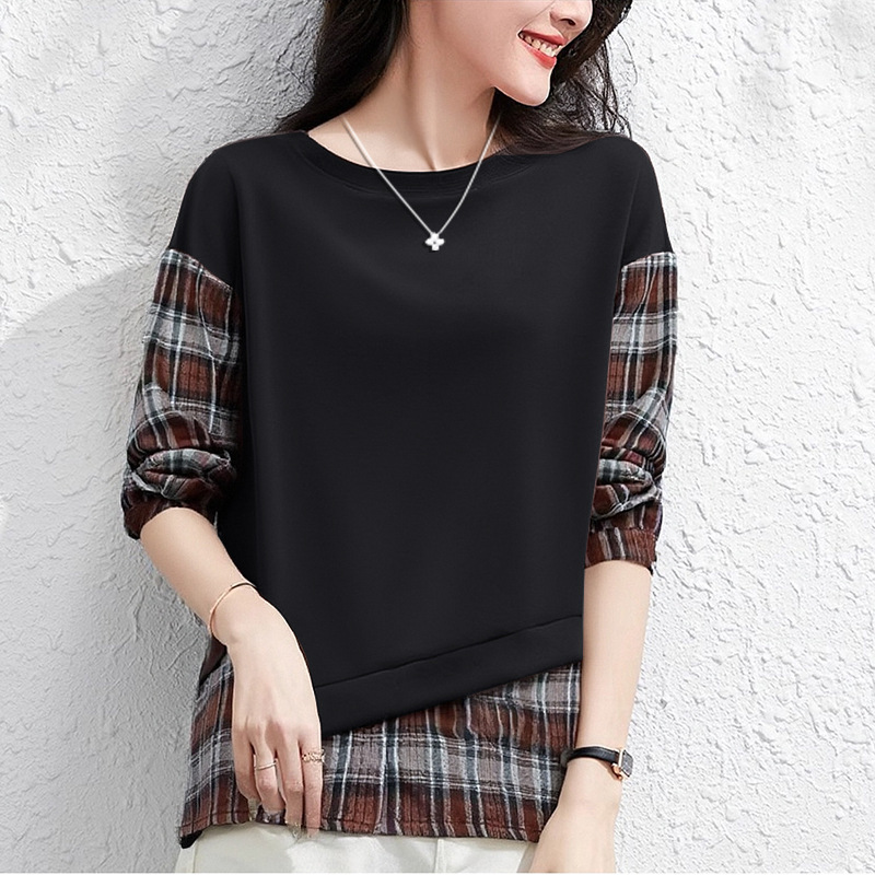 カジュアル スウェット チェック柄 ラウンドネック パーカー