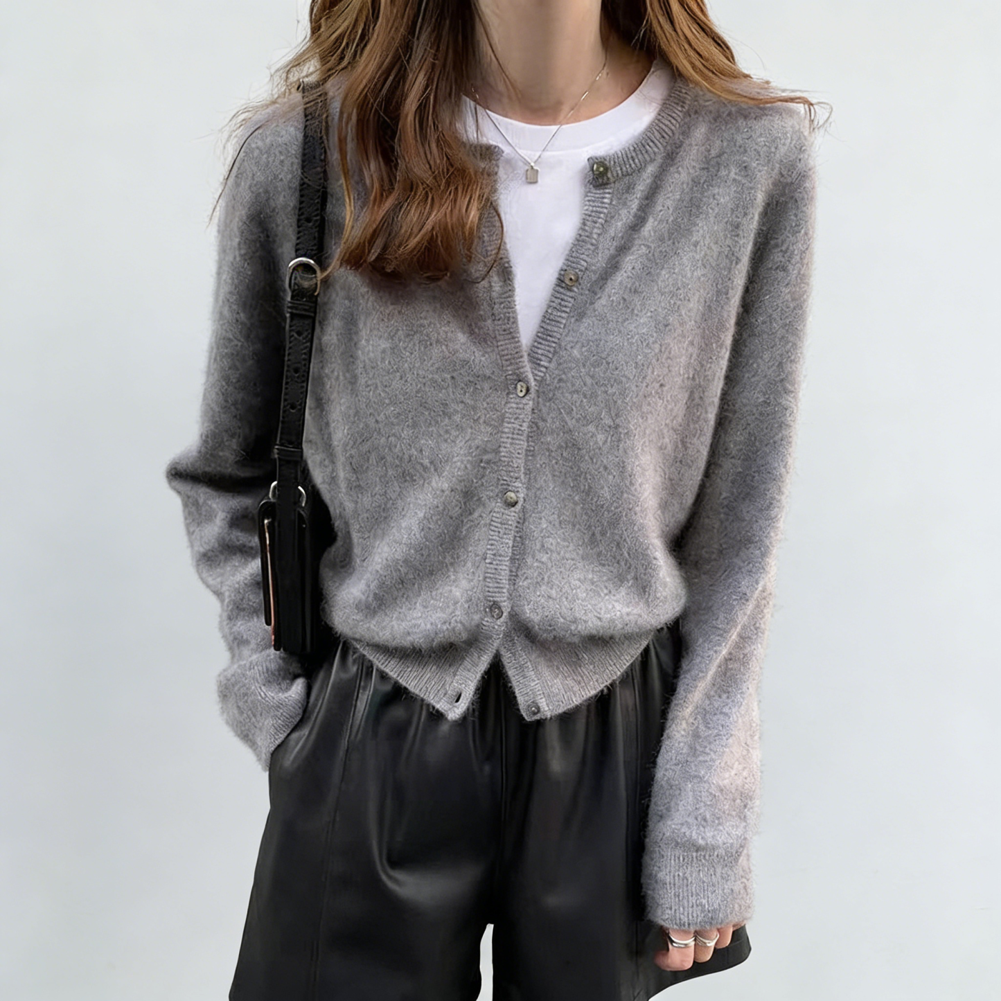 定番 前後両用 混紡素材 後ろボタン ニット カーディガン