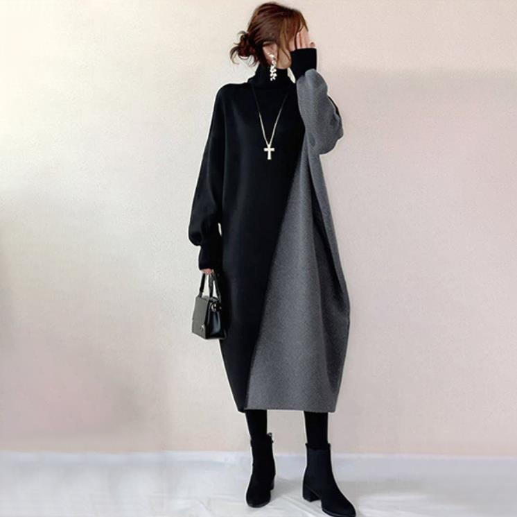 日常着用に最適 カジュアル 配色 バイカラー ハイネック ニットワンピース