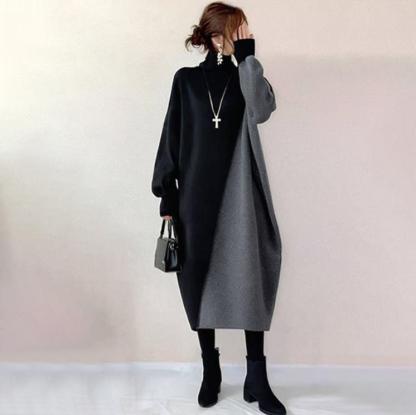 日常着用に最適 カジュアル 配色 バイカラー ハイネック ニットワンピース