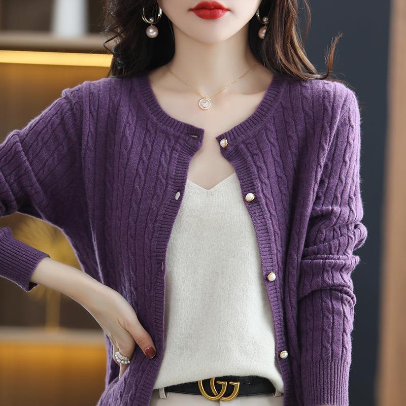 レディース ラウンドネック ウール 無地 カーディガン