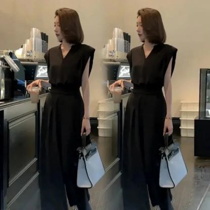 着痩せ Vネック カジュアル トップス+ワイドパンツ 上下セット