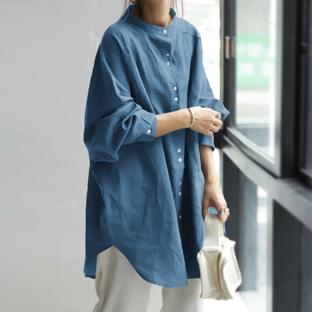 無地 カジュアル レディース 立襟 ロング丈 シャツ