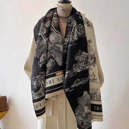 かわいい レトロ調 ボタニカル柄 カシミヤ100% 厚手 マフラー