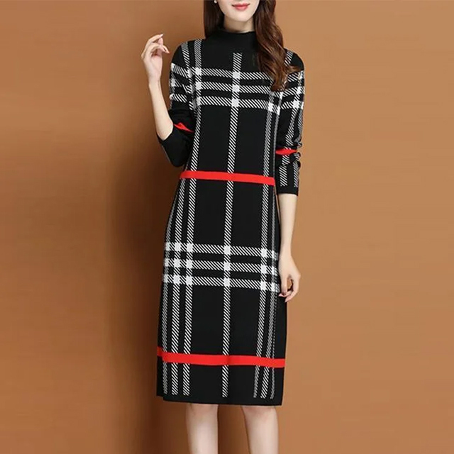 ニット ロング丈 チェック柄 ワンピース