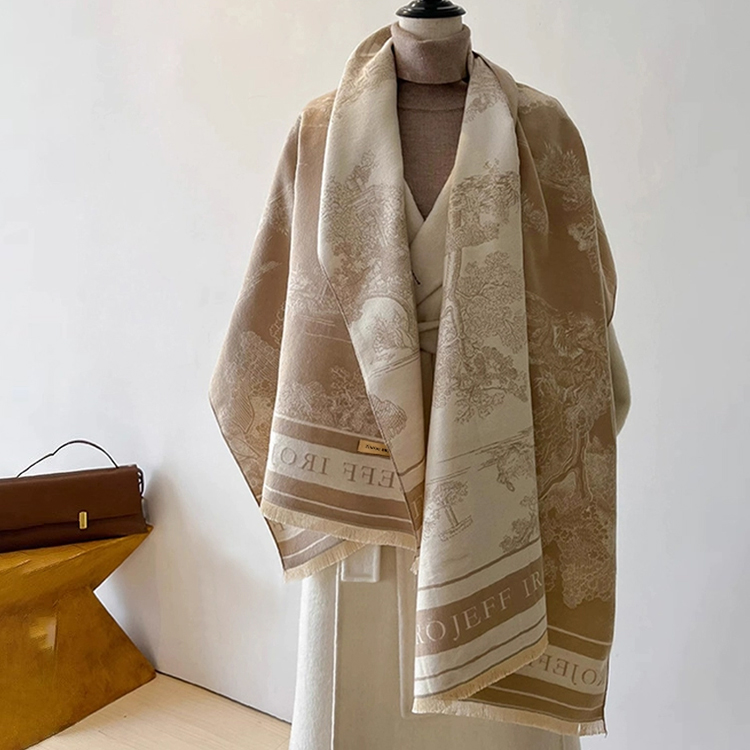 かわいい レトロ調 ボタニカル柄 カシミヤ100% 厚手 マフラー