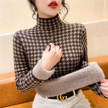 大人気 裏起毛 ハウンド トゥース柄 ハイネック ニット