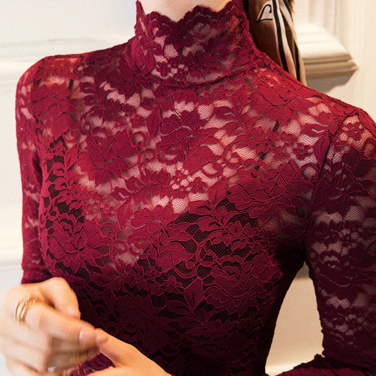 柔らかい シンプル フィット 裏起毛 レース トップス