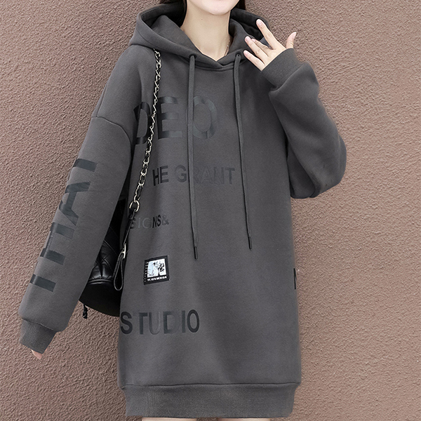 レディース 裏起毛 フード付き ロング丈 アルファベット パーカー