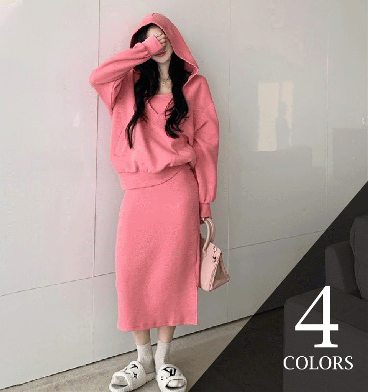 上品感 フード付き 無地 パーカー+ロング ワンピース セットアップ