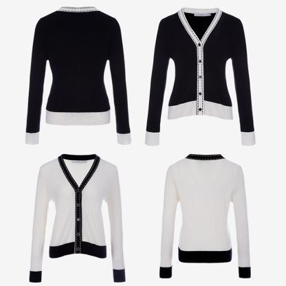 配色 ボタン付き ニット カーディガン