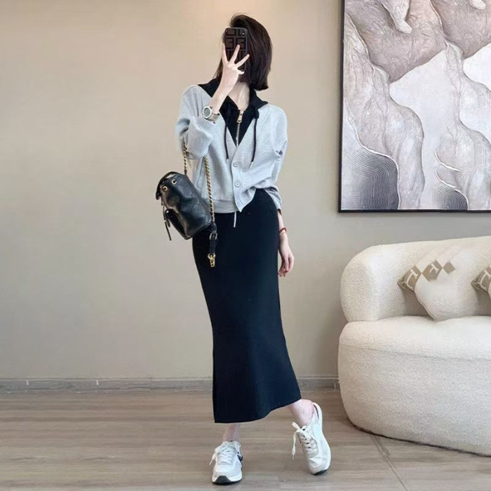 レイヤード風 フード付き パーカー+ワンピ 無地 セットアップ