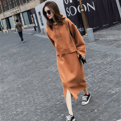 フード付き 無地 秋冬 パーカー+スカート 上下2点セット