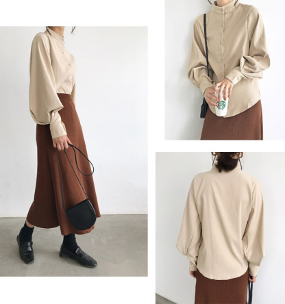 ランタンスリーブ×バンドカラー 無地 シャツ