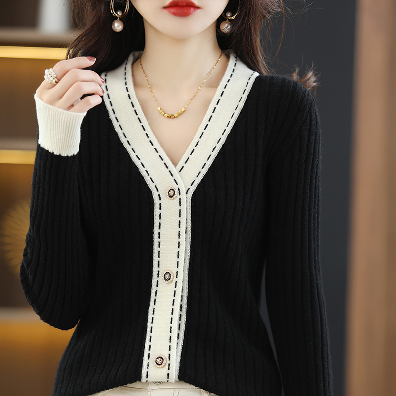 配色 ボタン付き ニット カーディガン