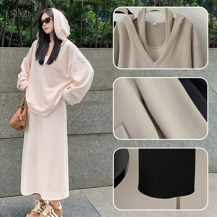 上品感 フード付き 無地 パーカー+ロング ワンピース セットアップ