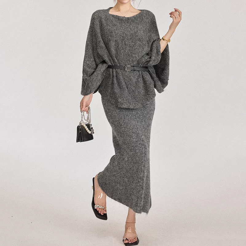 手触り良く 無地 カジュアル シンプル ニット+ワンピース セット