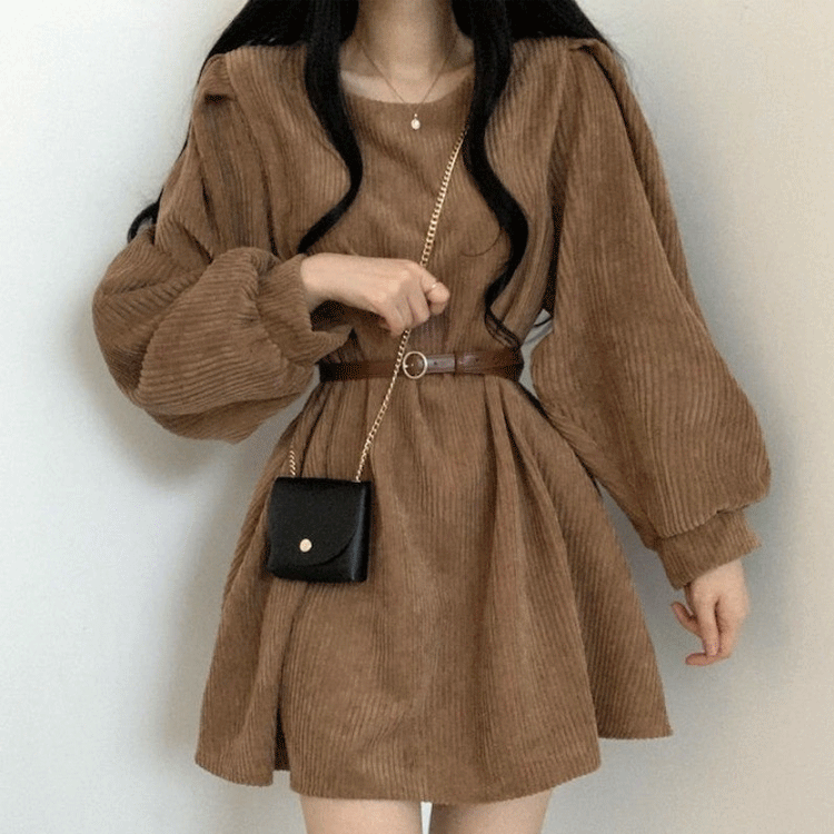 着まわし抜群 コーデュロイ 無地 ラフスリーブ ワンピース