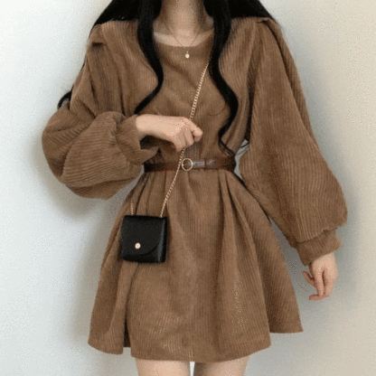 着まわし抜群 コーデュロイ 無地 ラフスリーブ ワンピース