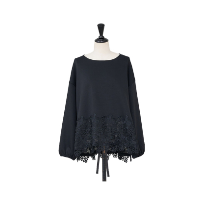 クルーネック 丸襟 ルーズ レース柄 トップス