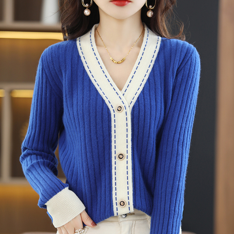 配色 ボタン付き ニット カーディガン