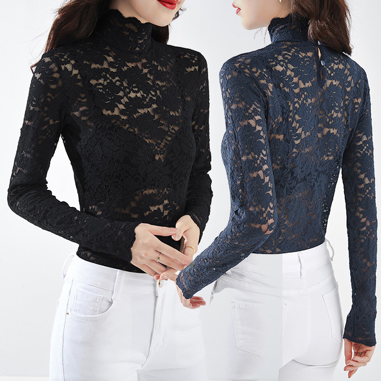 柔らかい シンプル フィット 裏起毛 レース トップス