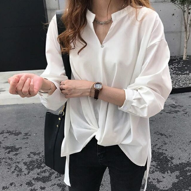 前結び風 ノーカラー レディース オン シフォンシャツ