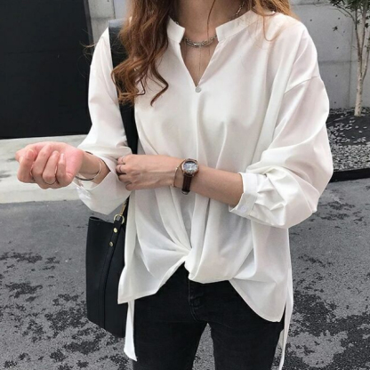 前結び風 ノーカラー レディース オン シフォンシャツ