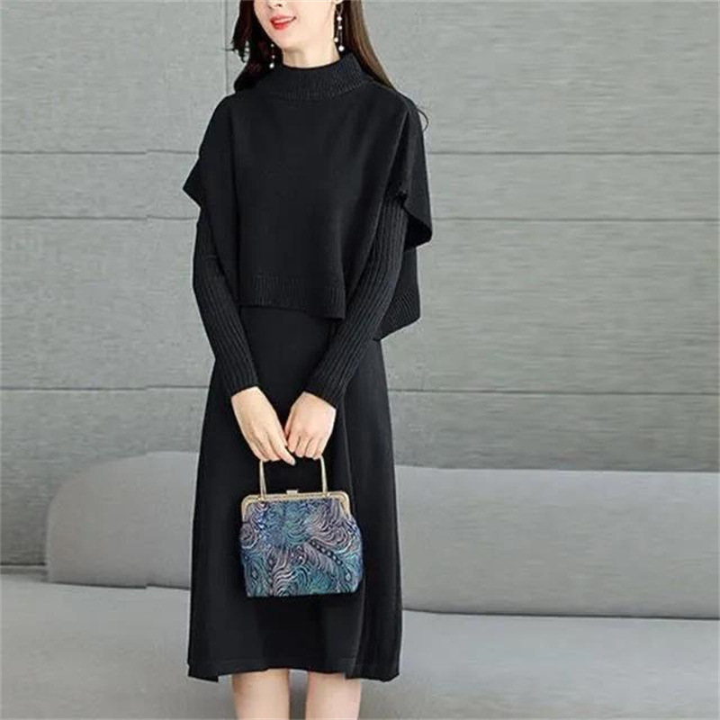 韓国スタイル 長袖 ニット 無地 ロング ワンピース