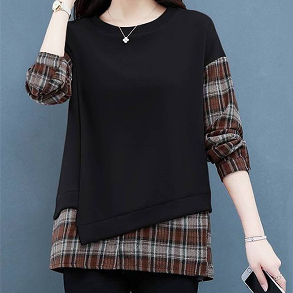 カジュアル スウェット チェック柄 ラウンドネック パーカー