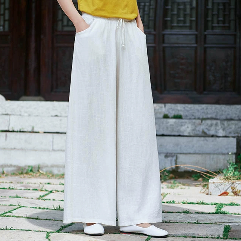 カジュアル  無地 リネン ロング丈 ガウチョパンツ