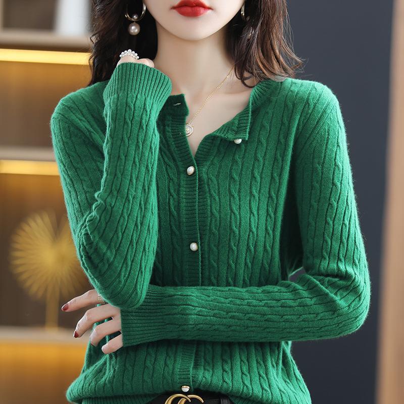 レディース ラウンドネック ウール 無地 カーディガン