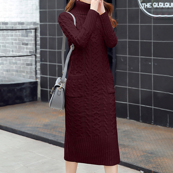 無地 長袖 キュート スウィート ハイネック ニットワンピース