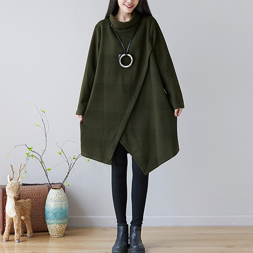 厚手 無地 コットン ラウンドネック カジュアルワンピース