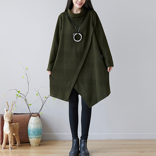 厚手 無地 コットン ラウンドネック カジュアルワンピース