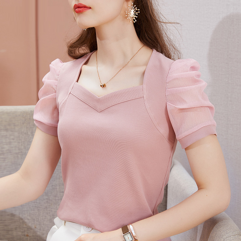レディース 無地 パフスリーブ Tシャツ