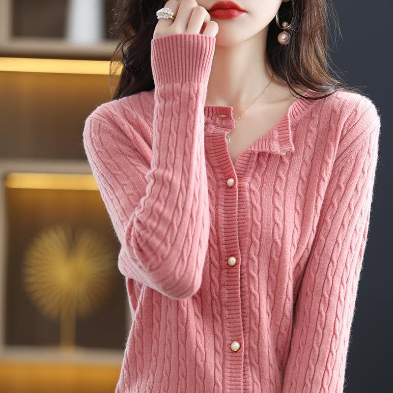 レディース ラウンドネック ウール 無地 カーディガン