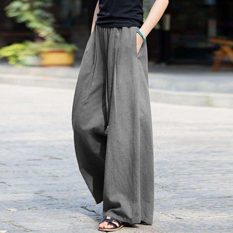 カジュアル  無地 リネン ロング丈 ガウチョパンツ