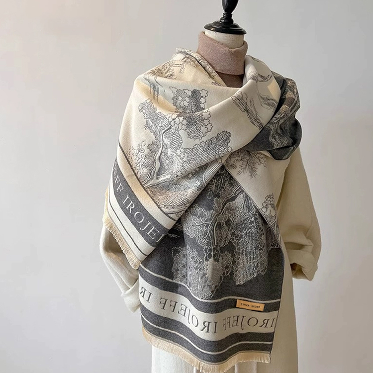 かわいい レトロ調 ボタニカル柄 カシミヤ100% 厚手 マフラー